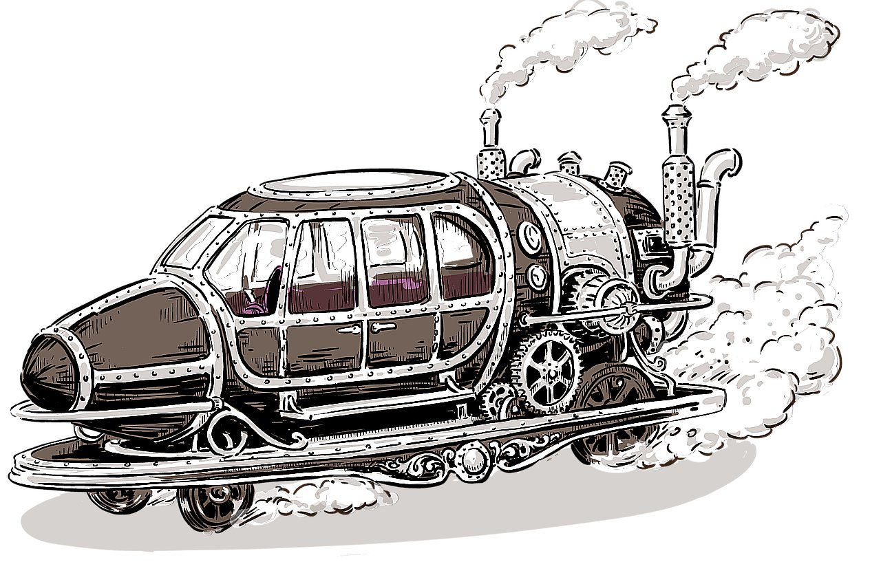 Zeichnung einer Zeitmaschine im Steam-Punk Look